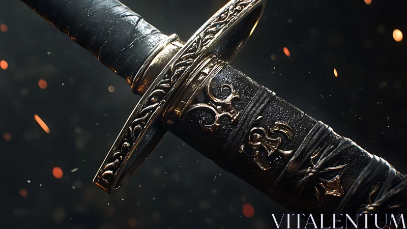 Photorealistic close-up of engraved medieval sword hilt design.