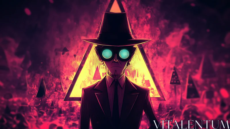 Neon lit agent silhouette with cyan goggles before glowing triangle