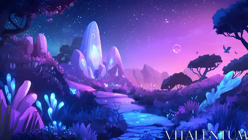Luminescent alien valley under crystalline twilight sky.