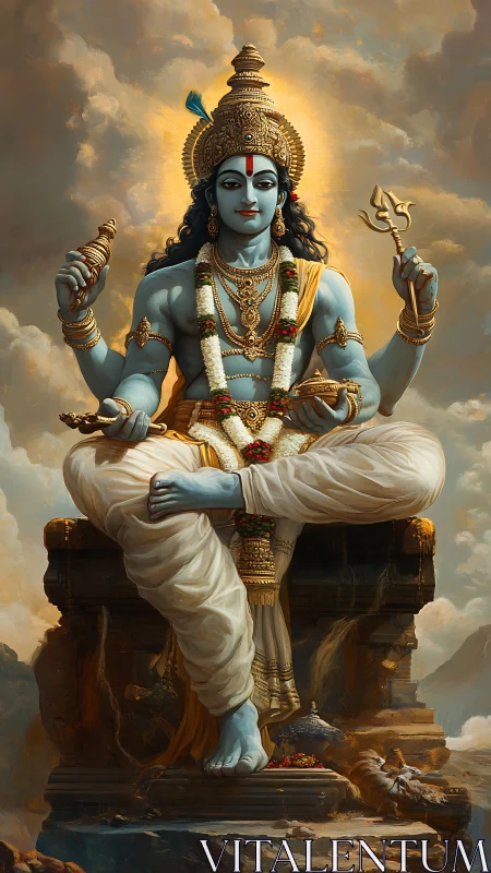 Blue-skinned deity seated on ornate stone pedestal under sky.
