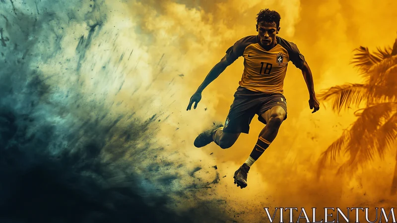 Dynamic Brazilian footballer leaps through explosive color storm.