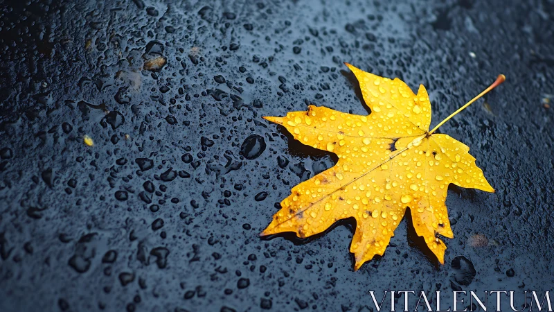 Golden maple leaf rests on rain-soaked dark pavement surface.