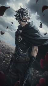 Masked swordsman in dark armor stands in stormy flower field