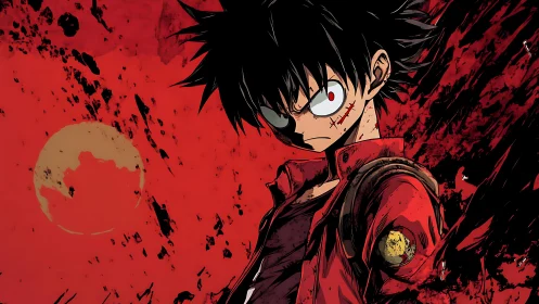 Scarred anime warrior stands in blood-red storm sky.