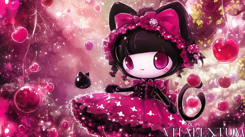 Chibi cat girl stands in glowing cherry themed fantasy scene