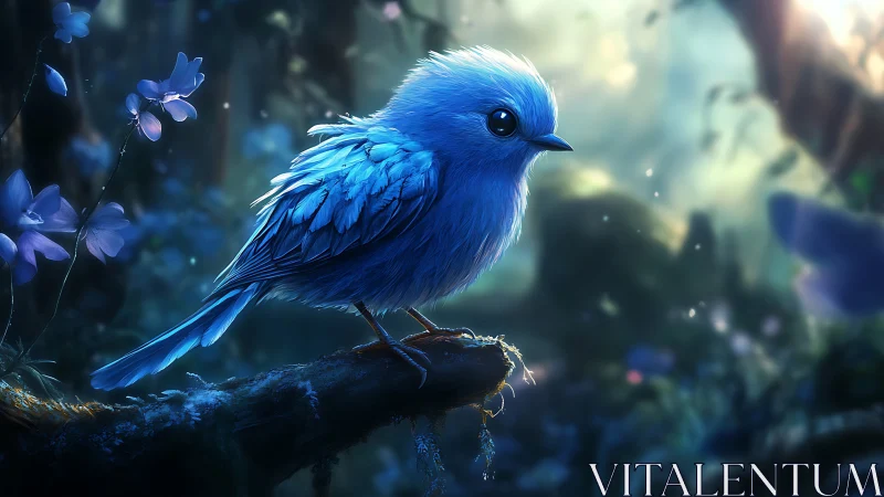 Vibrant Blue Bird Perched in Enchanted Forest, Digital Art Style.