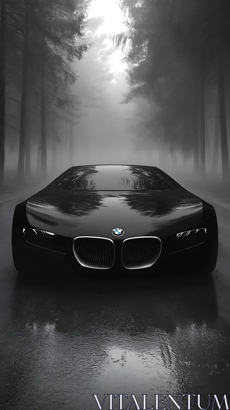 Black BMW concept car on wet forest road in dense fog.