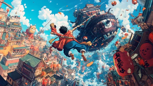 Boy leaps toward floating fortress above dense cityscape.