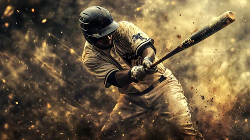 Powerful baseball swing in explosive golden dust motion.