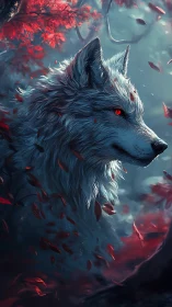 White wolf with red eyes stands in a glowing red forest