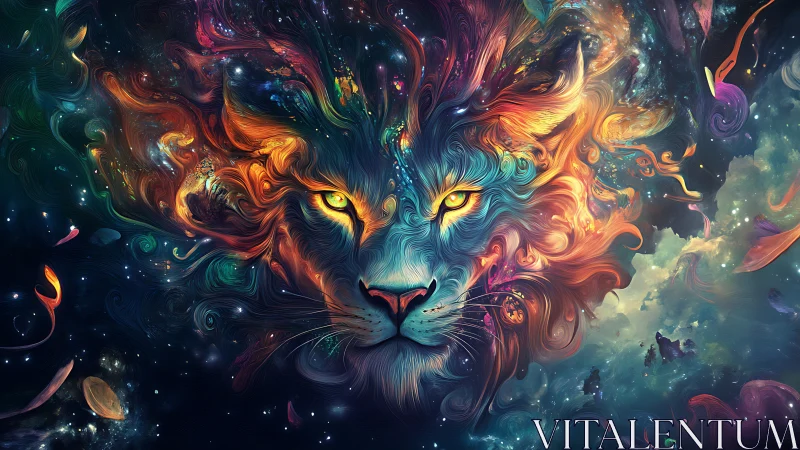 Cosmic lion portrait glows within swirling nebula colors