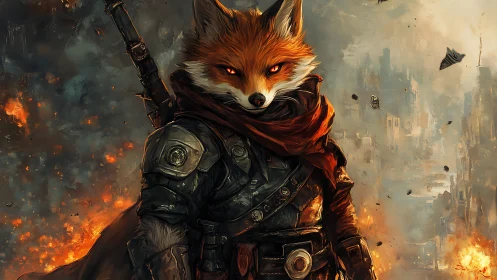 Fearless fox warrior strides through a burning ruined city