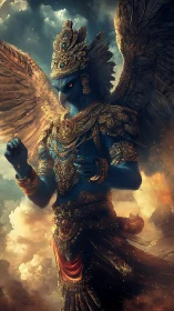 Winged avian humanoid deity in ornate gold regalia.
