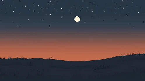 Minimalist dusk landscape under moonlit gradient sky.