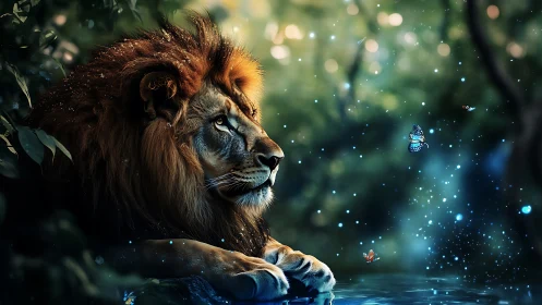 Majestic lion watches glowing butterflies over blue water
