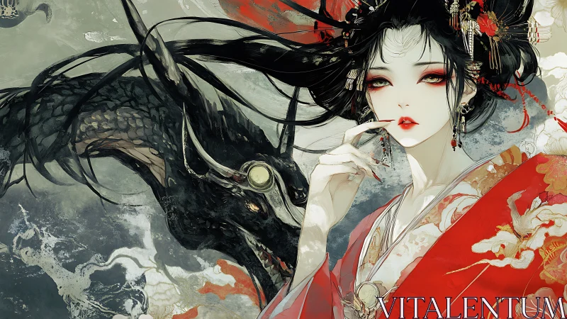 Enigmatic geisha stands beside swirling dragon spirit guardian.