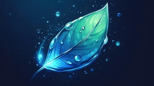Digital illustration depicts luminous leaf with water droplets