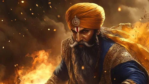 Warrior saint in burning battlefield holds intense gaze firmly