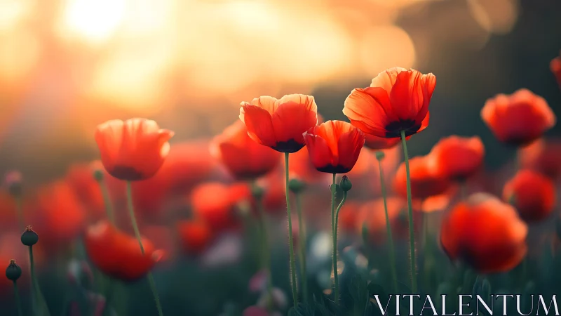 Red poppies photographed at sunrise with selective focus depth