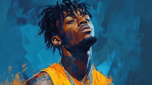 Paint-slick swagger tilts skyward in electric blue defiance