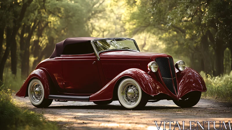 Elegant vintage roadster glowing on a sunlit forest lane.
