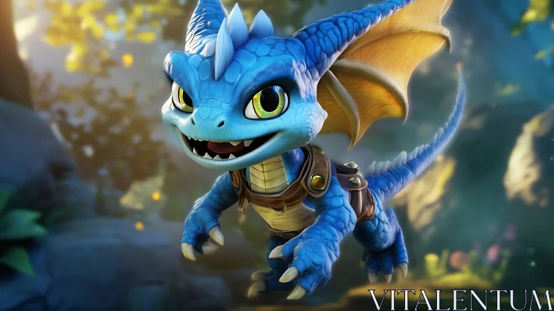 Playful blue baby dragon leaps through glowing forest.