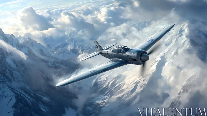 Photorealistic alpine fighter plane in dynamic aerial perspective.
