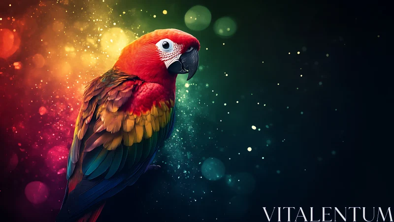Vibrant Scarlet Macaw Portrait with Colorful Bokeh Background.