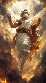 Radiant winged guardian rising through glowing storm clouds.