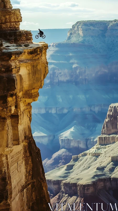 Mountain biker pauses on sunlit canyon cliff edge above void