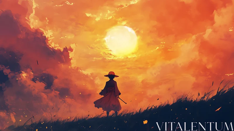 Lone wanderer with sword under blazing orange sunset sky.
