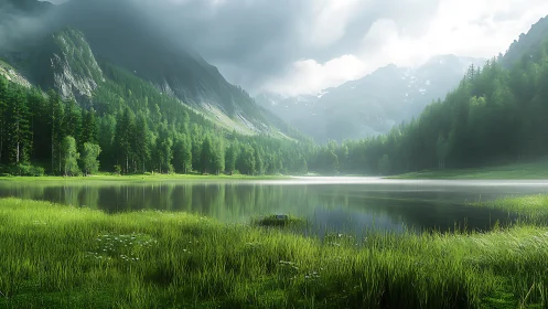 Serene mountain lake wrapped in soft mist and green forest.