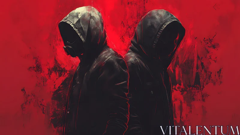 Shadowed hooded duo standing strong in vivid red silence.