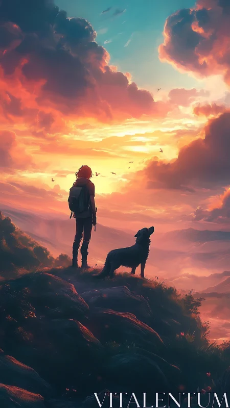 Hiker and dog on ridge under vivid sunset cloudscape.