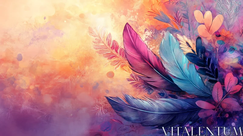 Digital illustration shows multicolored feathers and foliage