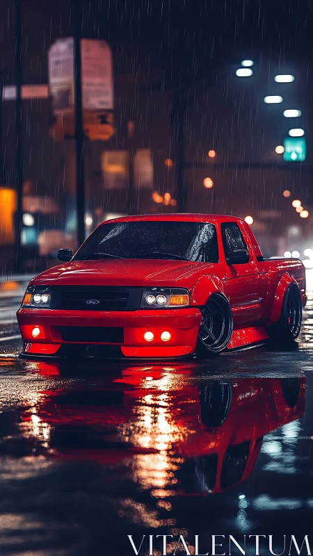 Red widebody street truck in nocturnal rain reflection study.