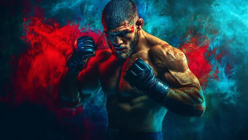 Boxer in combat stance with contrasting red and cyan visual elements.