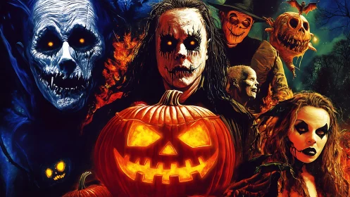 Multicharacter Halloween horror tableau with glowing carved pumpkin