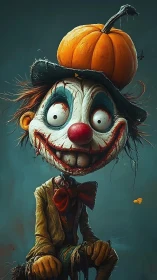 Creepy clown with pumpkin hat sits against teal background