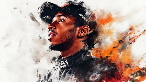 Dynamic racing portrait in expressive digital brushwork.