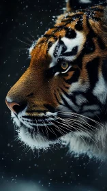 Winter snow settles softly on a tiger’s focused profile