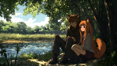 Fox-eared friends sharing a quiet, sunlit riverside moment.