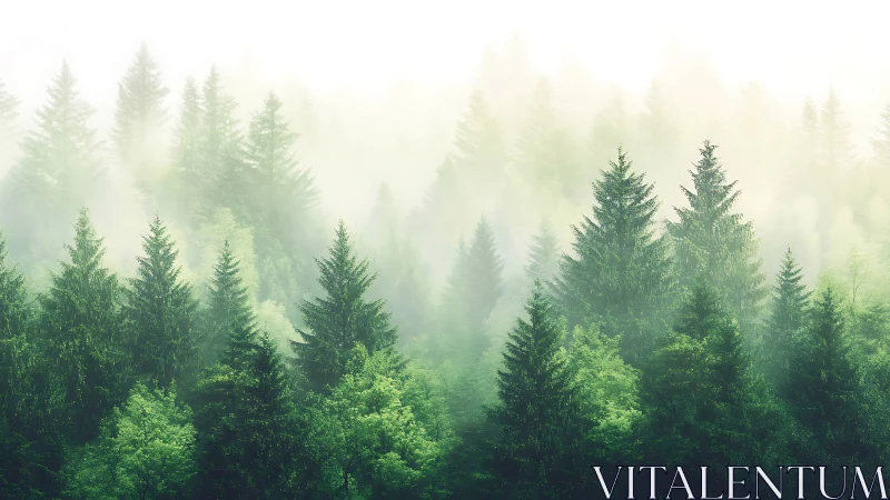 Lush Evergreen Forest in Morning Mist with Soft Dreamy Light.