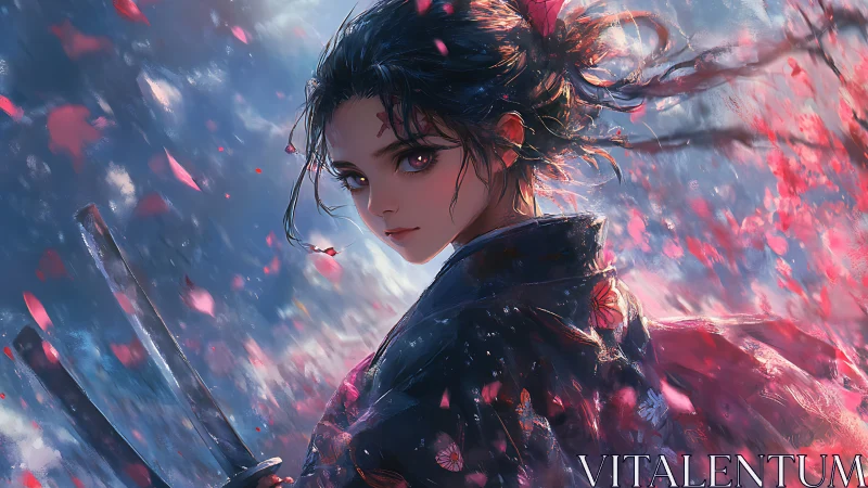 Samurai girl with swords under vivid falling petals.