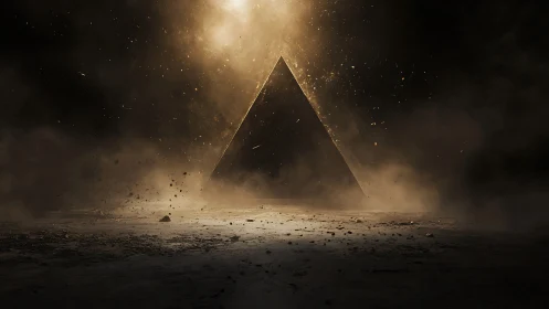 Silent obsidian pyramid cracked open by falling starlight.