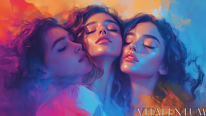 Trichromatic portrait triptych in luminous digital chroma fields.