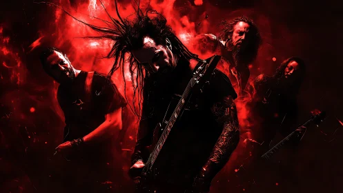 High-contrast metal band composite with red backlit smoke and guitars