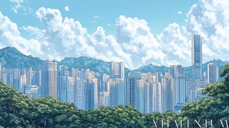 Sunlit skyline meets forest edge under towering clouds.