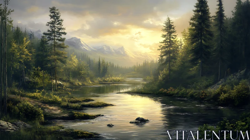 Mountain river and dense conifer forest at sunset light.