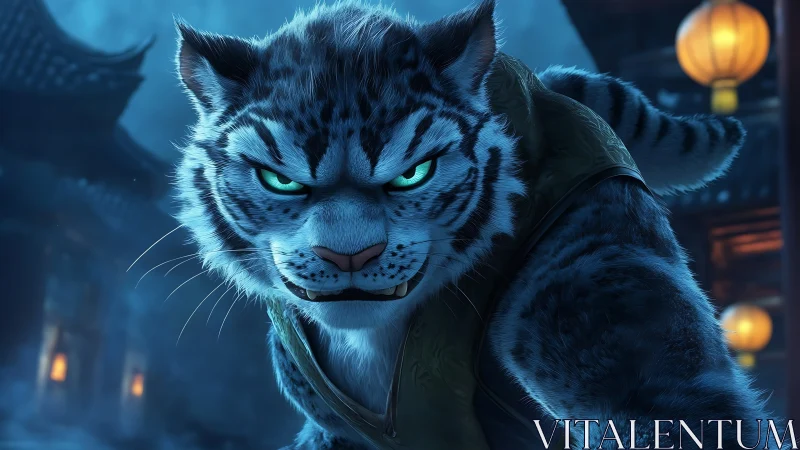 Fierce blue eyed tiger warrior prowls through lantern lit night